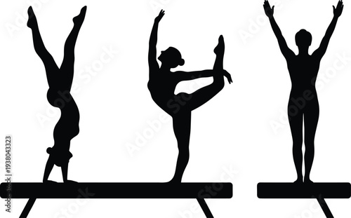 Vector Silhouette Collection of Female Gymnasts Performing Artistic Gymnastics on Balance Beam, Athletic Woman Poses Isolated on White Background for Design