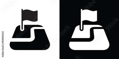 Simplified map path leading to a destination flag. Professional vector symbol for logistics, achievement, reaching a goal, travel finish line, and navigation points.