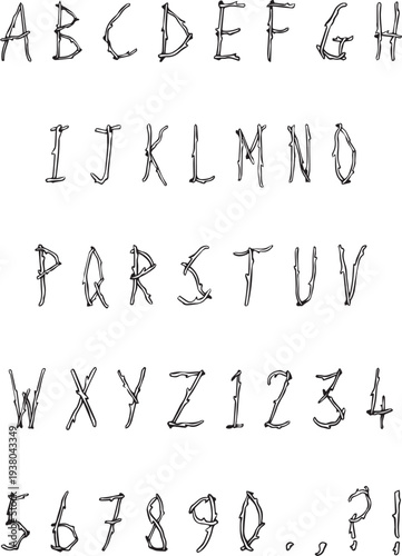 Handwritten typography font lettering ABC twig wood log tree vector text