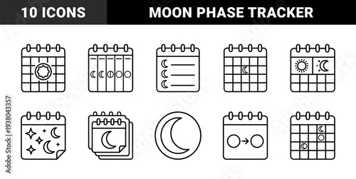 Lunar calendar and moon phase tracking interface elements. Technical monoline celestial scheduling graphics for astronomical planning and astrology apps.