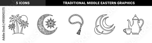 Ramadan cultural symbols and Islamic tradition line art elements. Monoline aesthetic featuring crescent moon, prayer beads, and Arabian coffee pot.