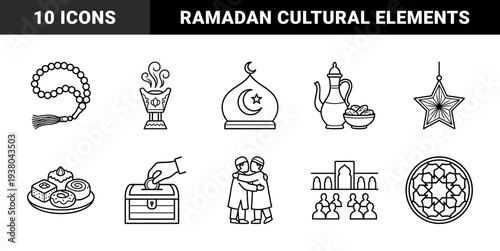 Islamic religious traditions and Ramadan celebration line art featuring incense burner, prayer beads, dates, mosque dome, and charitable giving symbols.