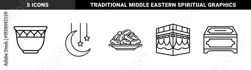 Islamic religious symbols and Ramadan traditions featuring crescent moon, dates, gahwa cup, charity box, and Kaaba in monoline minimalist style.