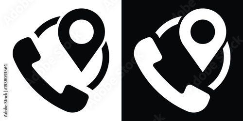 Local contact icon combining a phone handset with a map location pin. Vector graphics in black and white for business address, find us, local service, and global positioning tracking.