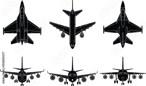 Vector Silhouette Collection of Military Fighter Jets and Commercial Passenger Airplanes, Aviation Aircraft Set Isolated on White Background for Design