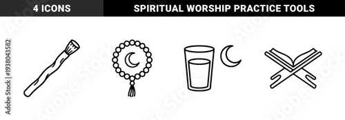 Islamic religious symbols and Ramadan traditions featuring prayer beads, miswak, Quran on rehal, and water glass with crescent moon in monoline style.