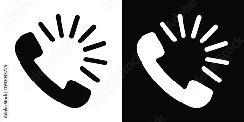 Incoming call icon featuring a telephone handset with a sunburst alert symbol. Vector illustration in black and white styles, representing communication, ringing, and active support.