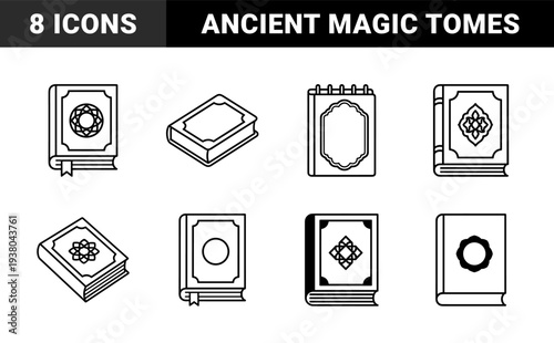 Mystical grimoire and ancient manuscript line art for tabletop gaming and fantasy storytelling. Decorative tome sketches with celestial and geometric cover ornaments.