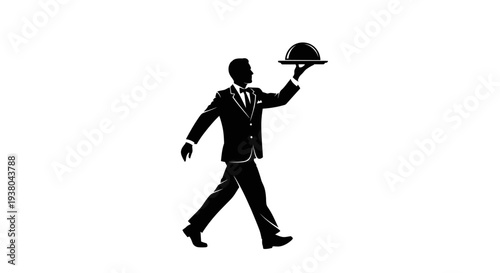 Man in suit carrying a tray.