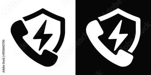Secure emergency call icon featuring a phone handset, shield, and lightning bolt. Vector symbol for protected communications and fast emergency response services.