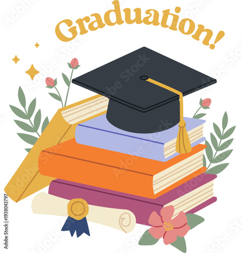 Graduation Cap On Books Floral