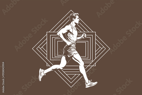 White silhouette of male runner jogging in front of geometric diamond pattern isolated on brown background for fitness sports branding