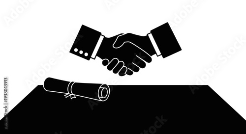 Business handshake and rolled document.
