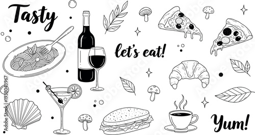 Hand drawn food doodles collection pasta pizza wine sandwich coffee croissant line art vector illustration set