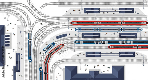 Aerial view of a busy train station with multiple tracks and platforms.