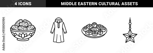Ramadan cultural traditions and Islamic celebration elements featuring dates bowl, traditional thobe garment, hanging star ornament, and diverse middle eastern sweets.