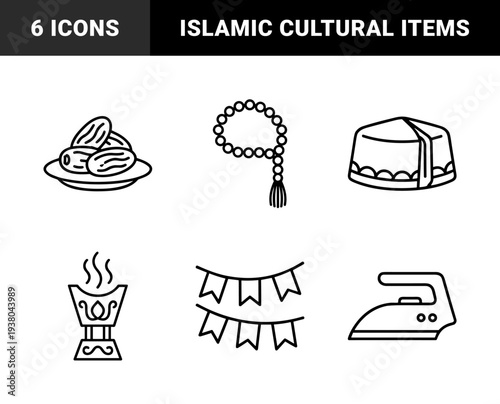 Ramadan and Islamic cultural traditions featuring dates, prayer beads, and kufi cap. Minimalist monoline symbols for religious celebration and eid preparation.