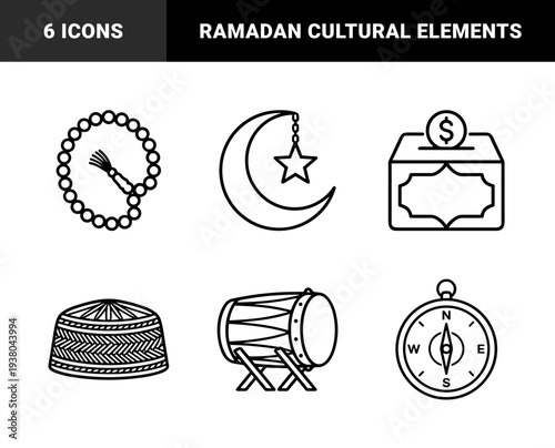Islamic religious symbols and Ramadan traditions featuring crescent moon, prayer beads, zakat box, and prayer cap in monoline black and white style.
