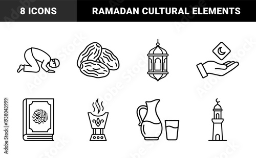 Islamic religious observance and Ramadan traditions featuring monoline cultural elements. Minimalist line art depicting prayer, fasting, and spiritual symbols.