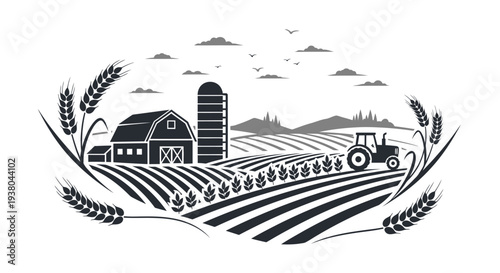 Tractor Drives Through Farm Field Rows.