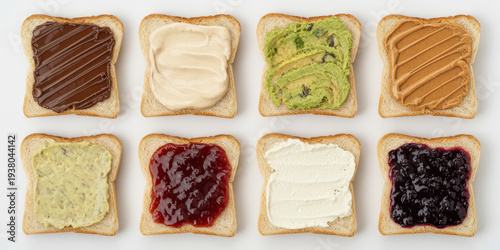 Various toast with different spreads bread chocolate
