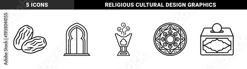 Ramadan cultural symbols and Islamic tradition elements in monoline black and white style. Technical linear pictograms featuring dates, bukhoor burner, archway, and charity box.