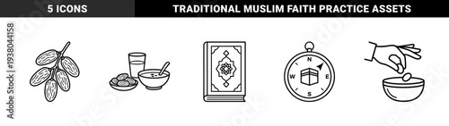 Ramadan and Islamic religious observance elements featuring dates, Quran, iftar meal, charity, and Qibla compass. Minimalist monoline bold stroke style.