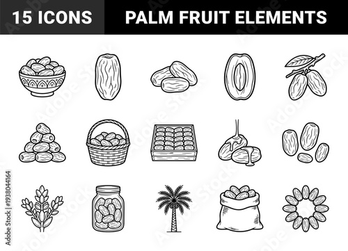 Dried dates fruit illustrations for organic food packaging and middle eastern culinary branding. Clean monolinear bold stroke drawings of whole and sliced palms.
