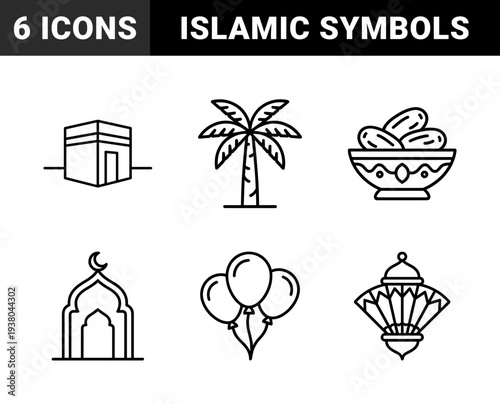 Islamic religious symbols and Ramadan traditions featuring Kaaba mosque and lantern. Minimalist monoline pictograms for Eid celebration and Hajj pilgrimage content.