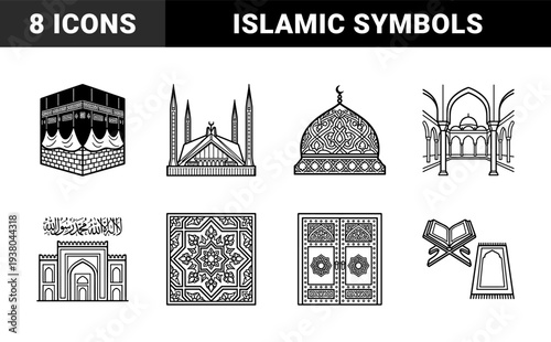 Islamic religious symbols and architectural elements in bold monoline style. Minimalist black and white graphics of the Kaaba, mosque minarets, and Quranic art.