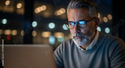 A focused, grey-haired man wearing glasses intently studies a laptop, cityscape out of focus