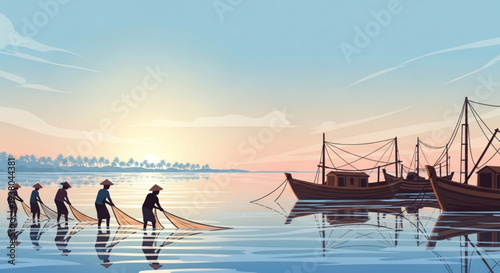 Fishermen pulling nets at sunrise with boats in calm waters near a distant city skyline