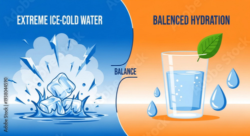 Infographic comparing extreme ice cold water and balanced hydration with ice cubes and a glass of water