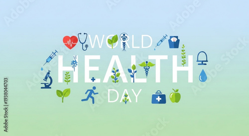 World health day poster with medical symbols and icons on a green background