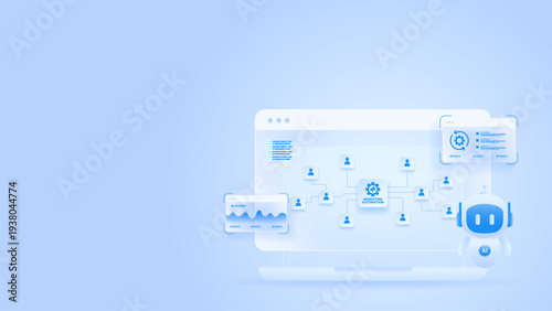 Marketing automation workflow diagram dashboard with ai agent, client, data analytics, flow process and automation system.