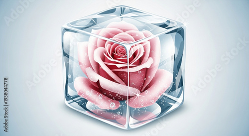 Pink rose preserved in clear glass cube with dew drops on petals isolated on white background