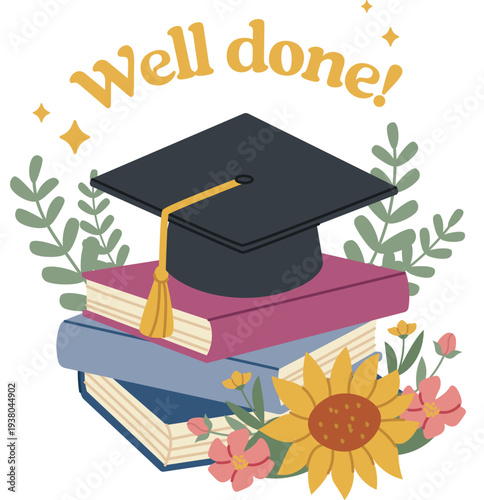 Graduation Cap On Books and Flowers Celebration