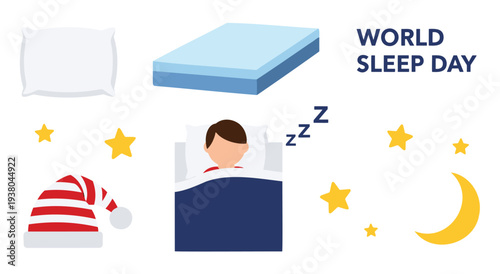 World sleep day elements including mattress pillow and person sleeping