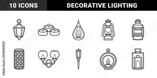 Traditional lighting fixtures and decorative lanterns for interior design. Monoline black and white line art depicting various candle holders and oil lamps.