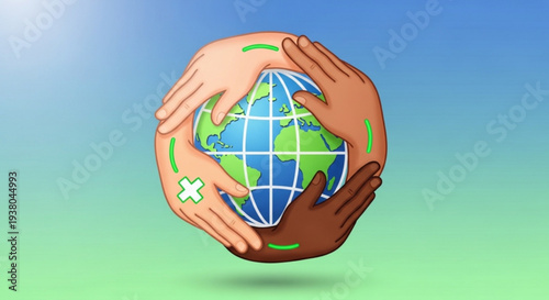 Diverse hands cradling the earth with green accents on a gradient background symbolizing global unity and environmental care