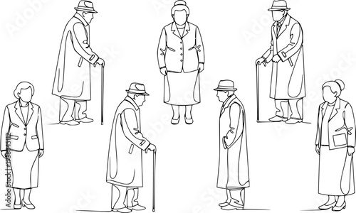 Set of elderly people standing. Senior citizens collection. Minimalist vector illustration of pensioners with canes and hats.