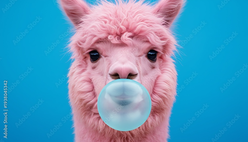 Obraz premium Pink alpaca blowing blue bubble gum, funny animal portrait on bright background