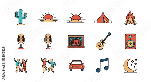 Colorful music and travel icons set with guitar microphones campfire and car on white background for festival and adventure themes