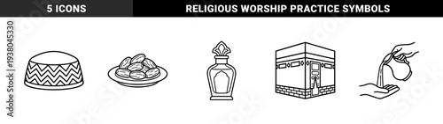 Islamic religious traditions and Ramadan cultural symbols featuring Kaaba, prayer hat, dates, and wudu ritual in monolinear minimalist line art style.