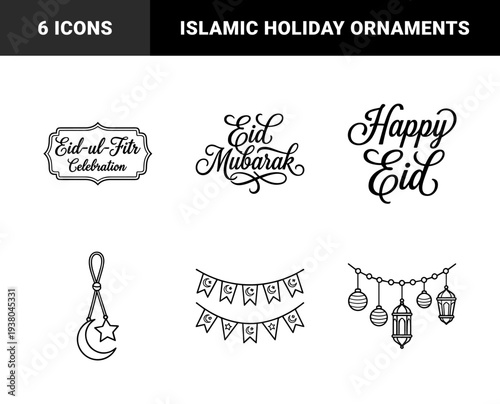 Eid Mubarak and Eid-ul-Fitr celebration elements for festive greeting cards. Minimalist monoline black ink calligraphy with traditional lanterns and crescent moon symbols.