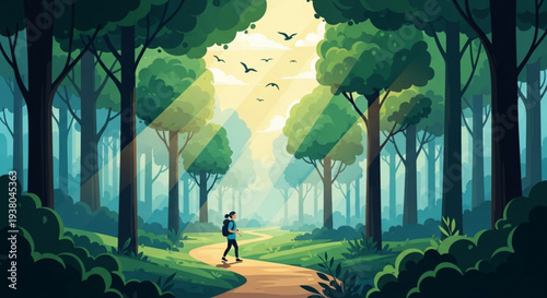 Serene forest scene with a lone walker on a winding path at sunrise or sunset with birds flying overhead