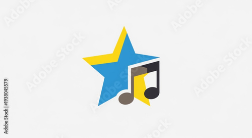 Vibrant blue and yellow star musical note symbol on white background representing music and excellence in a colorful modern design