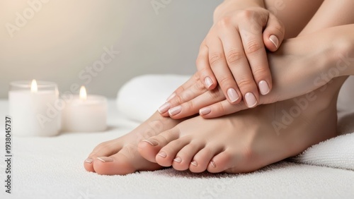 Close-up of hands and feet with perfect manicure and pedicure, candles