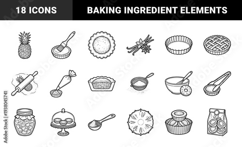 Pineapple tart baking process and ingredients in hand-drawn stippled line art. Traditional pastry preparation elements with tropical fruit and bakery tools.