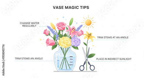 Vase with colorful flowers and tips for fresh cut flower care and maintenance